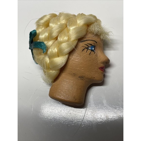 Vintage Girl with‎ Painted Face Brooch Pin Barbie Like Hair Side Profile Blond